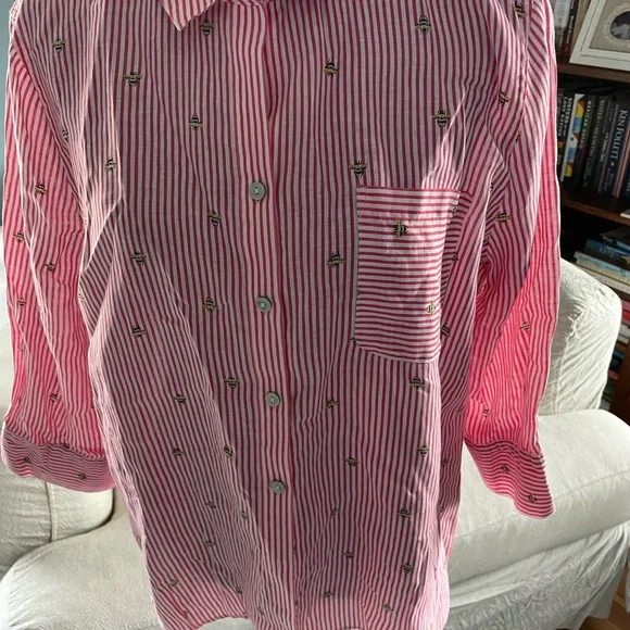 Chicos Red stripe linen blouse with bee print sz 14 - Picture 2 of 7
